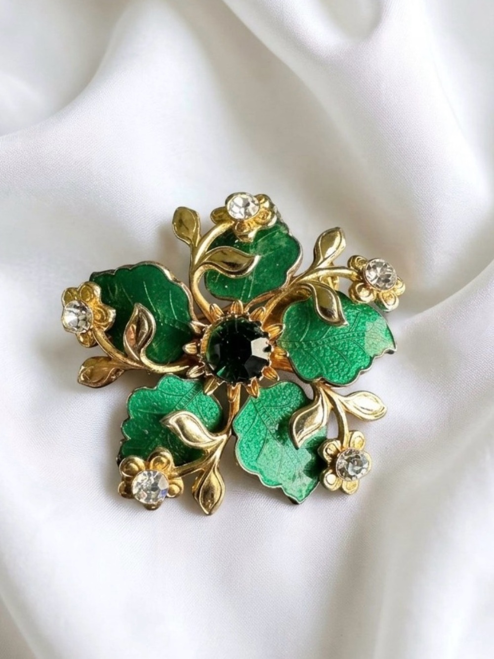 Vintage Mid Century Green Enamel Emerald Rhinestone Floral Brooch Pin EXCELLENT